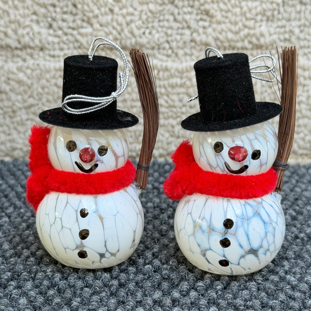 Reinhard Herzog Glass Studio Snowman Ornaments Set of 2 Hand Blown Art Glass